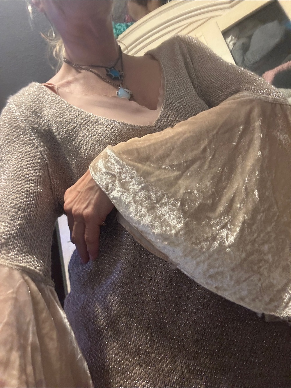 Free People Champagne V-Neck Bell Sleeve Sweater